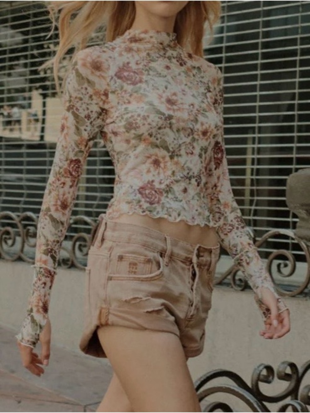 Promesa Floral Mesh Long-Sleeve Crop Top in Pink and Cream